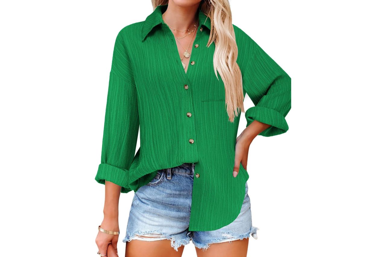 HOTOUCH Womens Button Down Shirts Long Sleeve Dress Shirt Textured Collared Work Blouse Dressy Casual Tops with Pocket