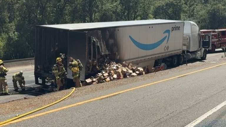 Amazon big rig catches fire, slows I-80 traffic in Placer County