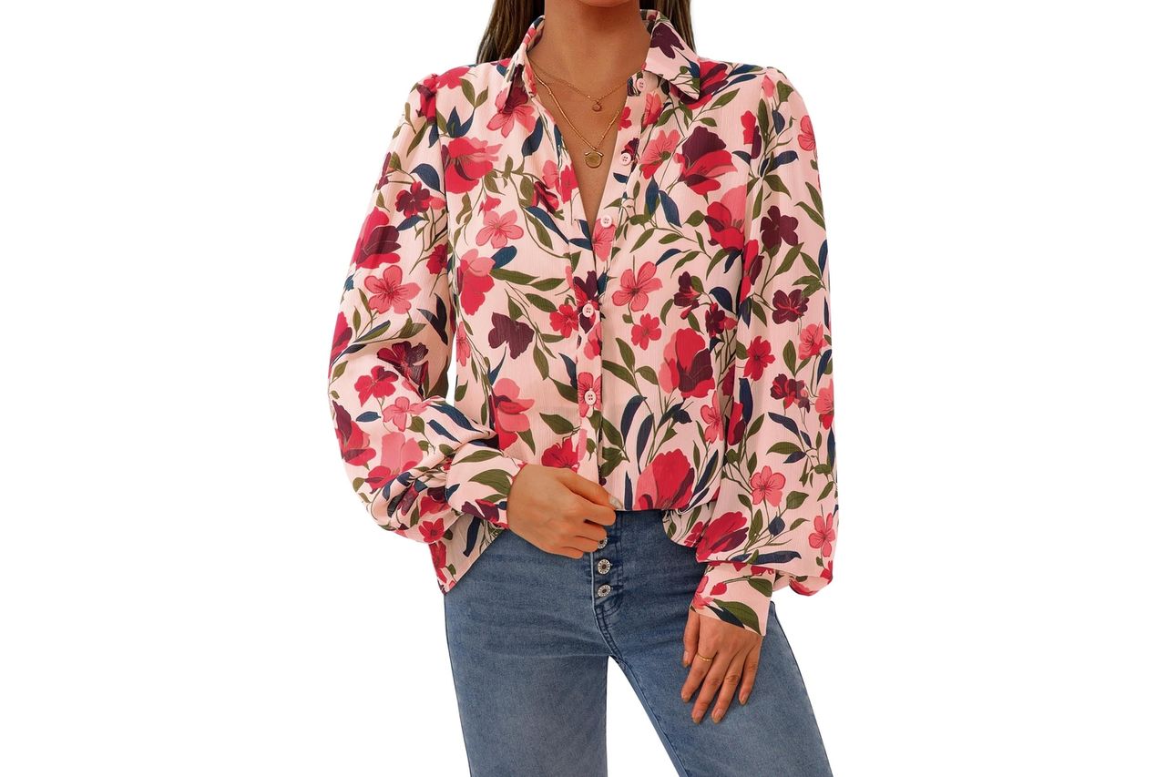 PRETTYGARDEN Women's Floral Blouses Dressy Casual V Neck Button Down Shirts Lantern Long Sleeve Boho Chiffon Spring Tops 2026