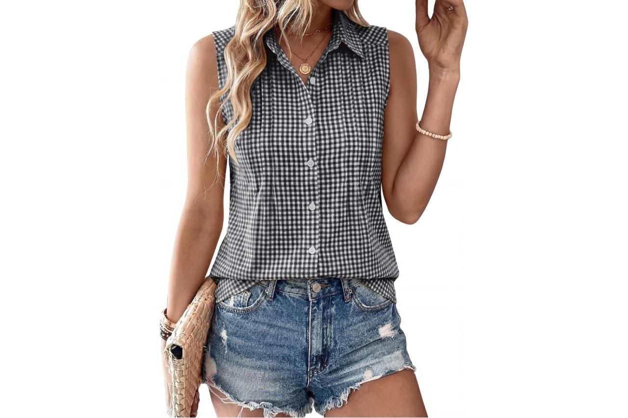 LOMON Women’s Summer Sleeveless Button Down Shirt Office Collared Blouses with Pleated Front Casual Basic Tank Tops