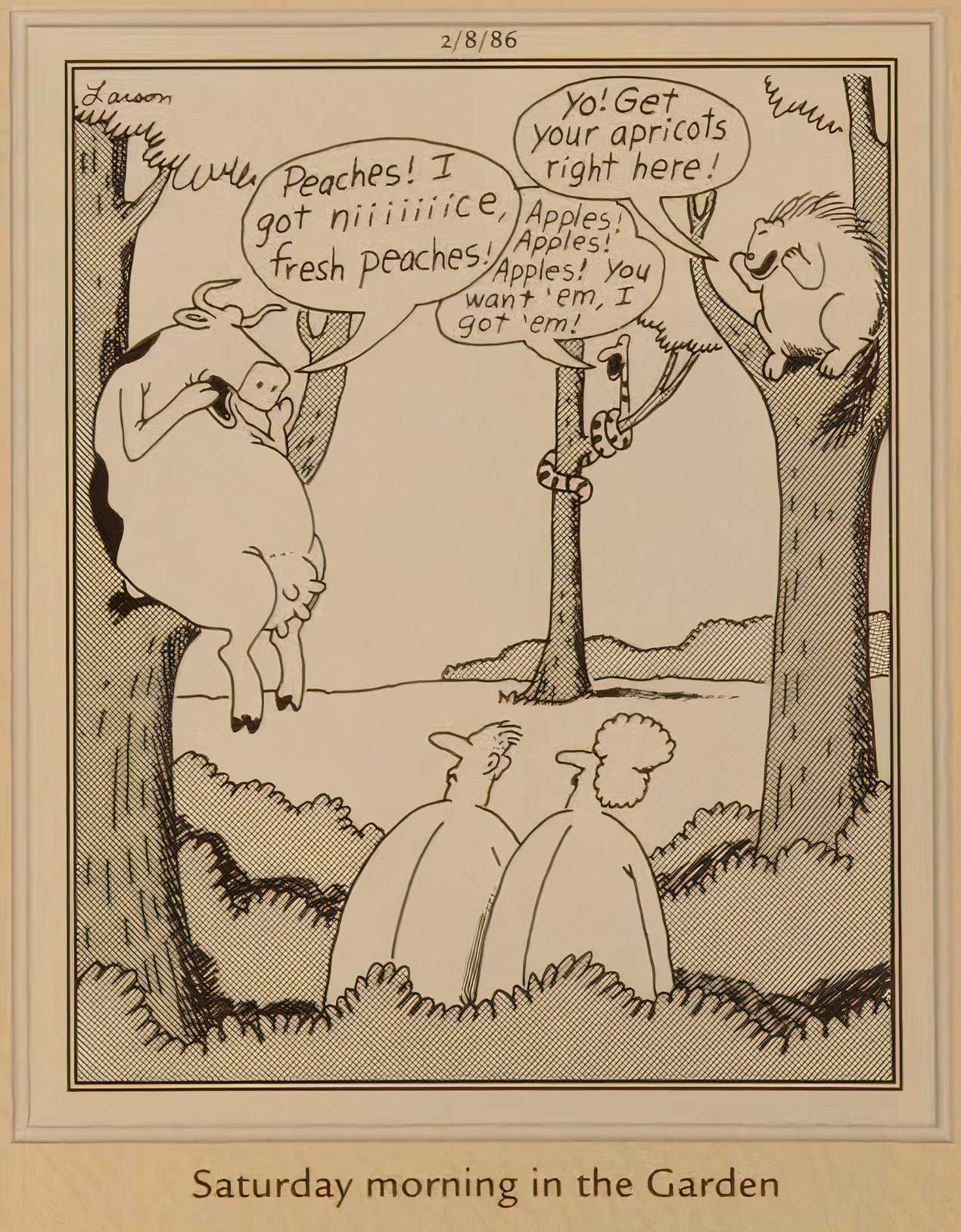 Many animals try to tempt Adam and Eve with different fruits aside from apples.