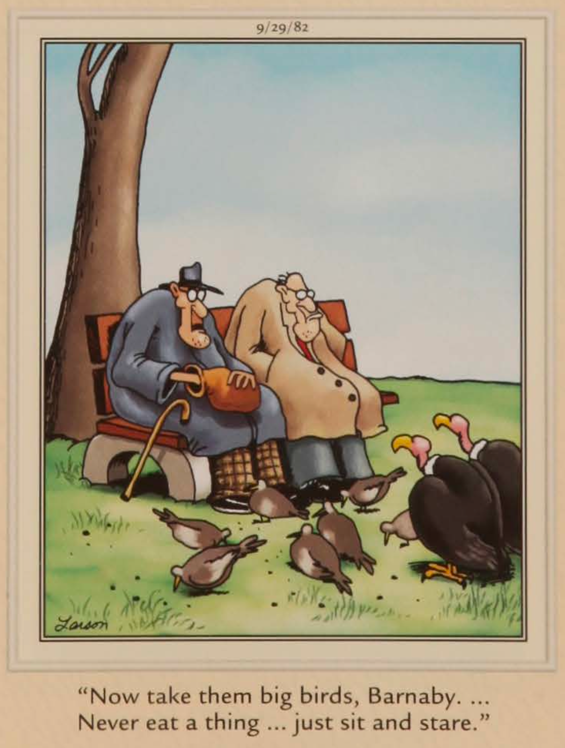 Two vultures sit waiting for two older men to pass away so they can eat them.