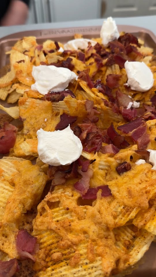 Game day nachos loaded with Ruffles chips and cheese