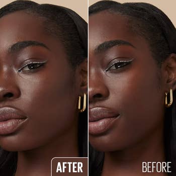 Close-up split image of a models face showcasing the difference in her makeup before and after applying eyeliner, emphasizing eye definition