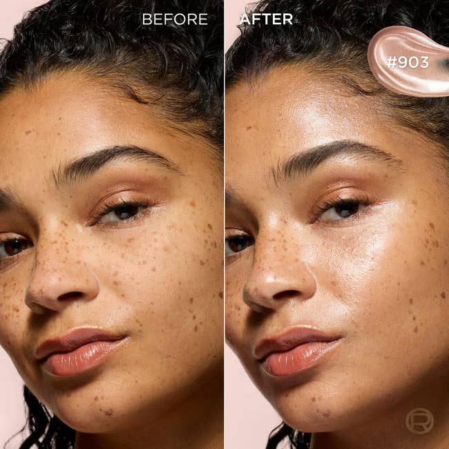 Models face before and after applying skincare product, showing a smoother, glowing complexion