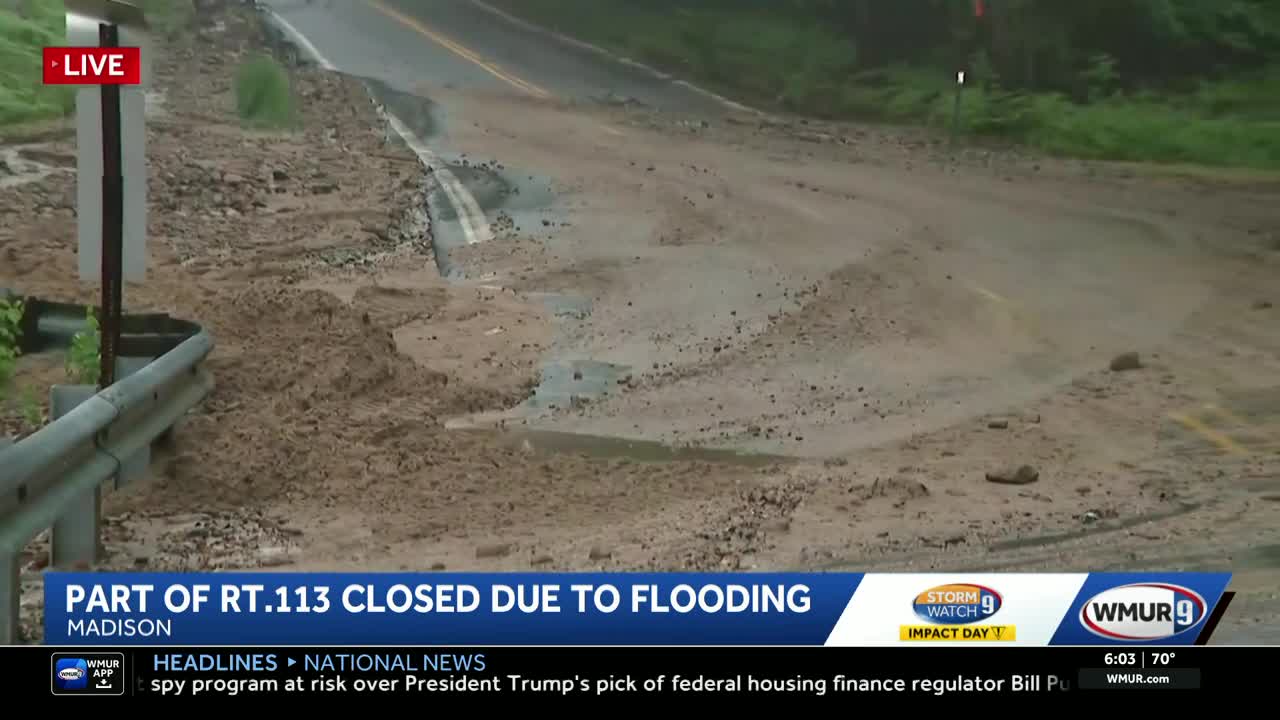 Part of Route 113 closed in Madison, New Hampshire, after flooding