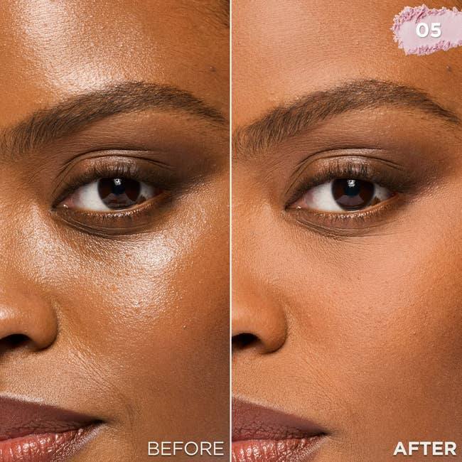 Close-up image showing a comparison: left side oily skin texture, right side matte finish after makeup application