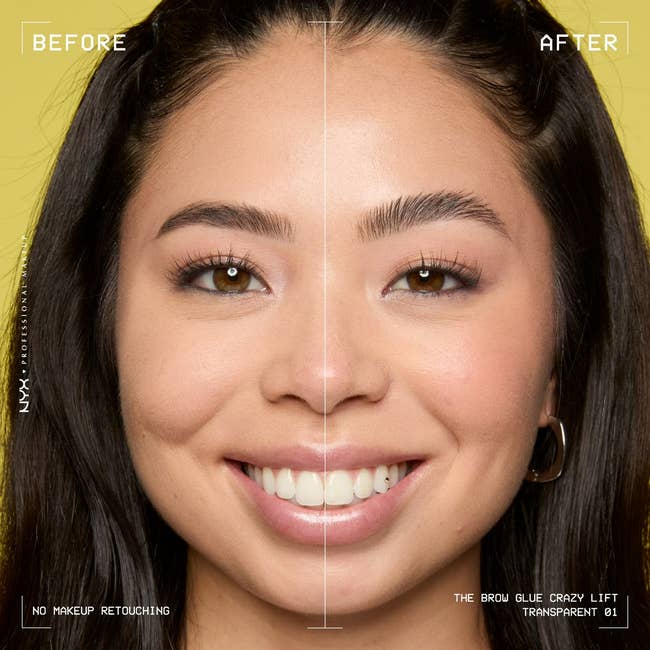 Split image of a models's face showing thick, lifted eyebrows on the
