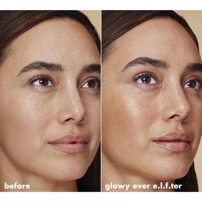 Close-up of a woman's face with minimal makeup on the left and glowing skin with glossy lips on the right labeled