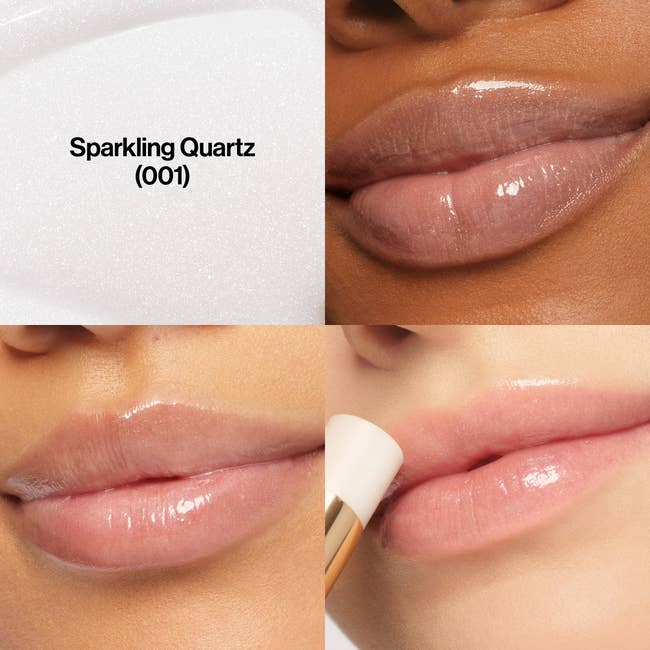 Close-up of glossy lips displaying the effects of Sparkling Quartz lip product. Woman applies product with applicator