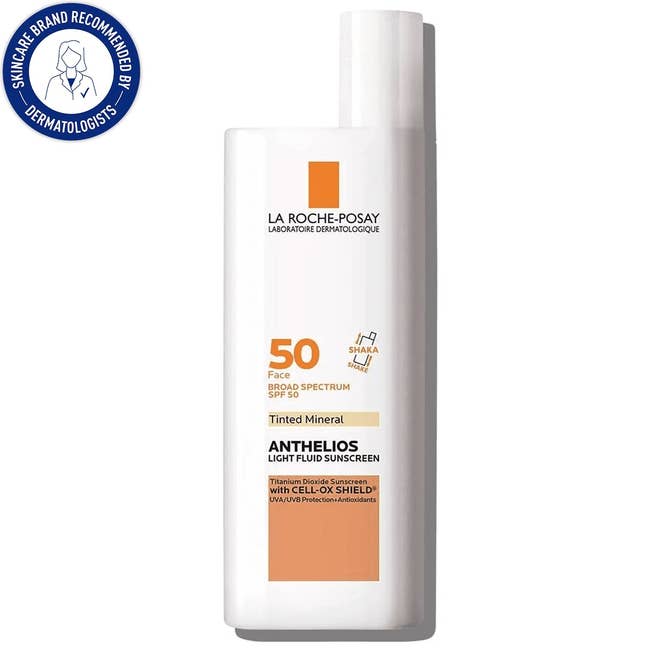La Roche-Posay Anthelios SPF 50 tinted mineral sunscreen bottle with dermatologist recommendation seal