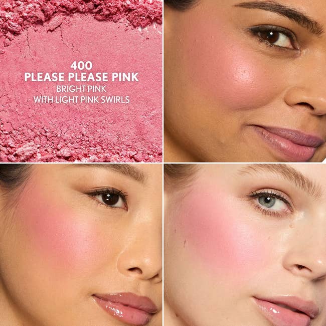 Three people wear different shades of pink blush from the product
