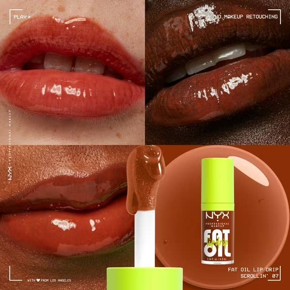 Close-up of glossy lips and a NYX product called Fat Oil Lip Drip in shade