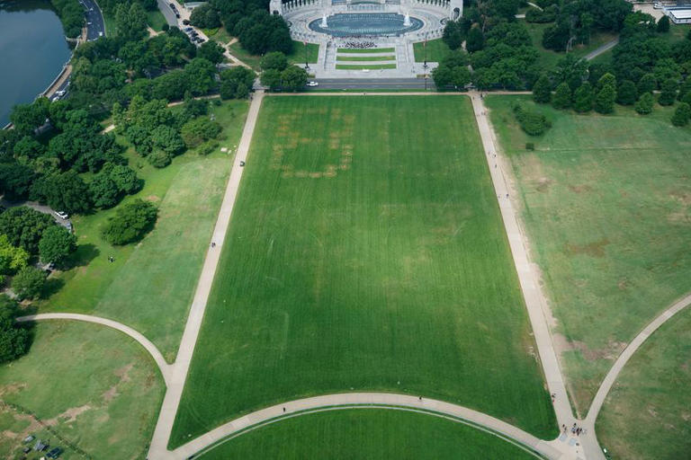 Authorities responded to what appeared to be a large tracing of the term 8647 into the grounds of the National Mall in Washington, D.C., June 11, 2026. A Reuters photographer captured the emerging image from atop the Washington Monument on the Mall's grass shortly before authorities arrived. The arrangement of the numbers was clearly an attempt to show 8647, though the 4 was not fully formed. Federal prosecutors on other occasions have said the term could indicate a threat to President Trump, the 47th U.S. president. REUTERS/ Nathan Howard