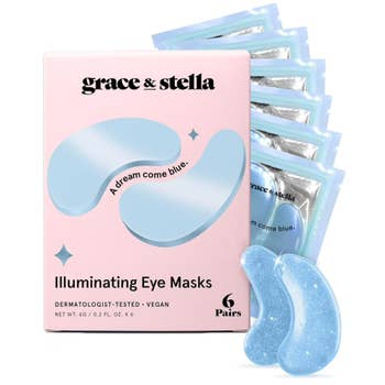 Grace & Stella Illuminating Eye Masks packaging with six masks displayed, highlighting dermatologist-tested and vegan features, ideal for skincare