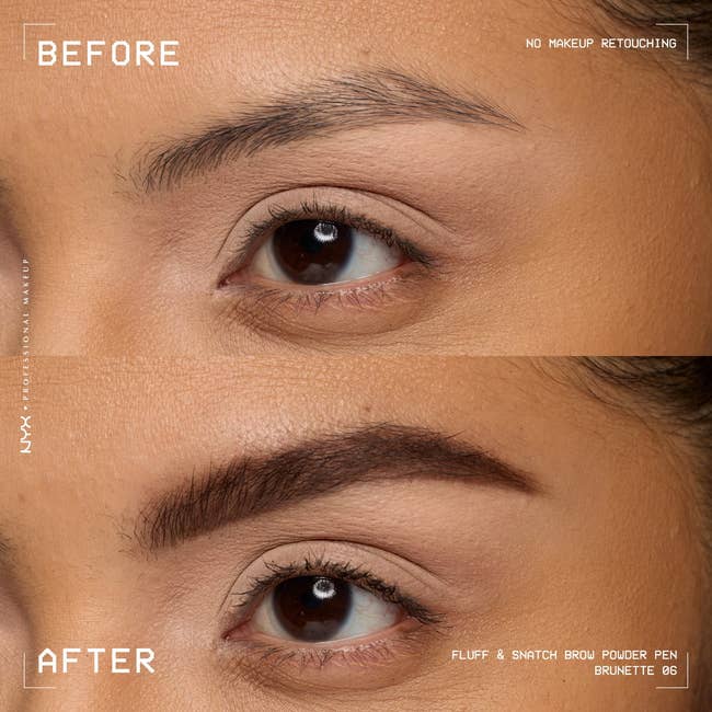Close-up of an eyebrow before and after using a brow pen, showing fuller, well-defined brows with NYX Fluff & Snatch Brow Powder Pen in Brunette