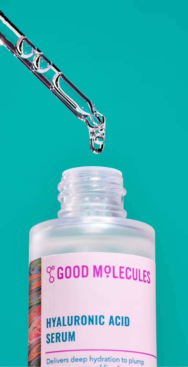 Skincare routine flowchart with steps: Cleanse, Tone, Hyaluronic Acid Serum, Moisturize, SPF. Use daily, AM/PM. Image of Good Molecules serum