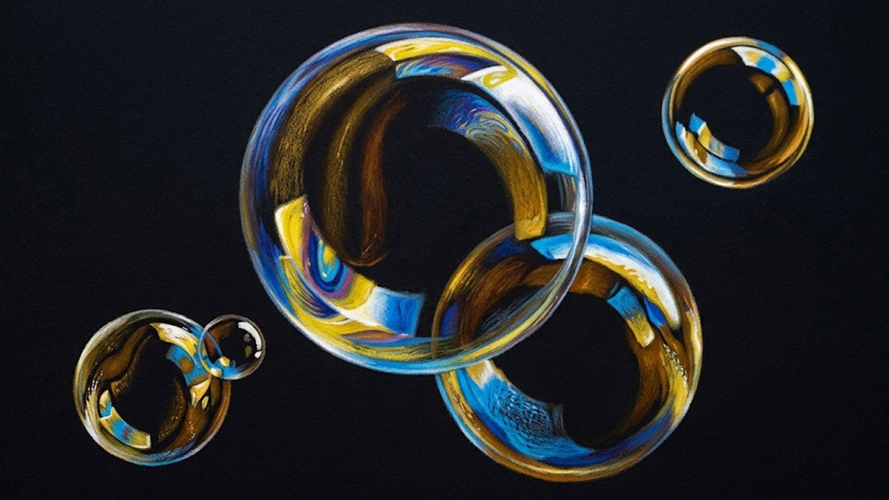 Hyper realistic glass art on black paper with colored pencils guide