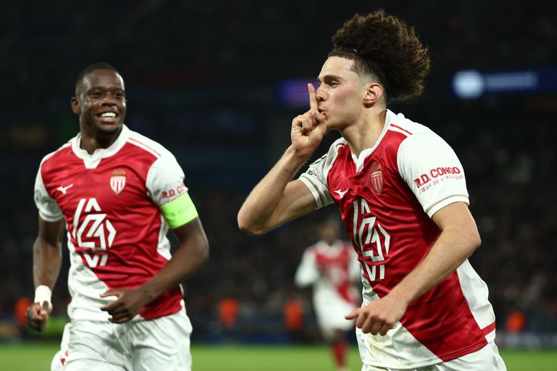 Akliouche celebrates scoring against PSG in the Champions League knockout play-off second leg.