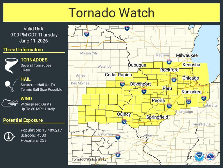 Tornado watch issued for central Illinois through 9 p.m.
