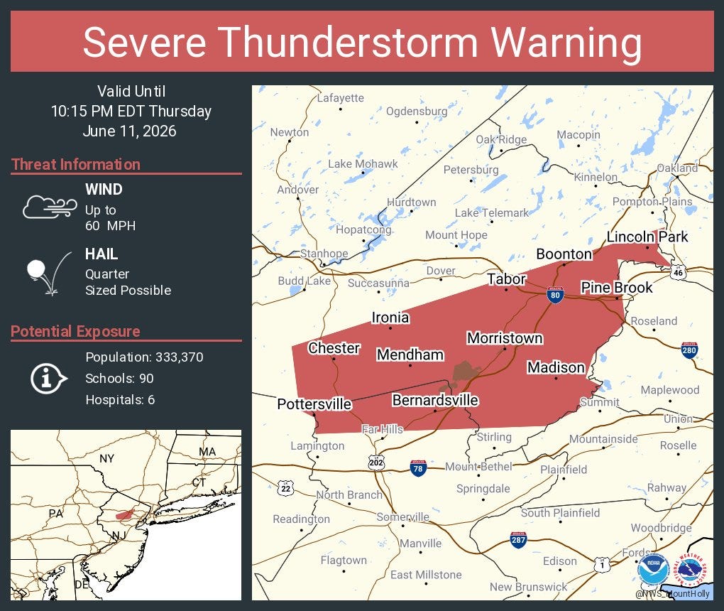 Severe thunderstorm warning issued for parts of North Jersey