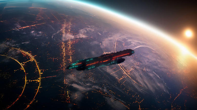 Una nave en órbita en un planeta de una civilización tipo II en la escala Kardashev. (Inteligencia artificial/Novaceno)