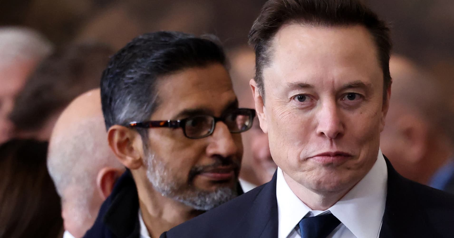 SpaceX, Tesla and X CEO Elon Musk (R) and Google CEO Sundar Pichai attend the presidential inauguration of Donald Trump at the Rotunda of the US Capitol in Washington, on January 20, 2025. Trump takes office for his second non-consecutive term as the 47th president of the United States.