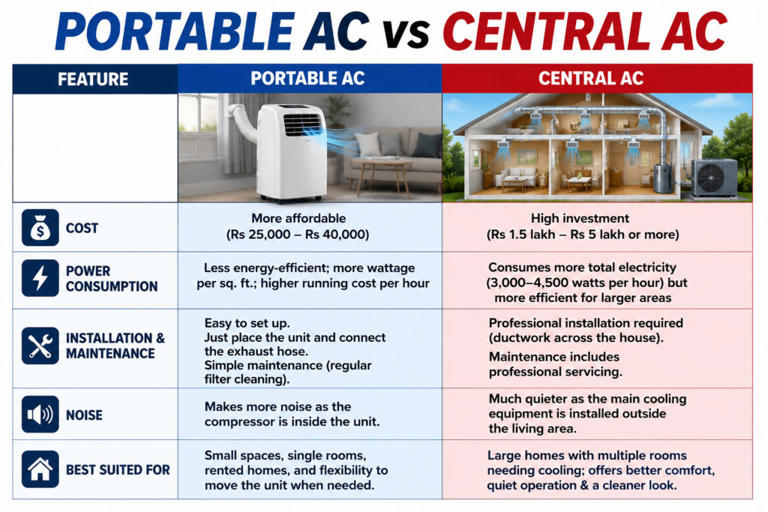 Portable AC vs central AC: Which one is better for your home and why