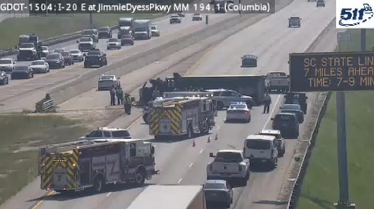 Overturned truck snarls traffic on Interstate 20