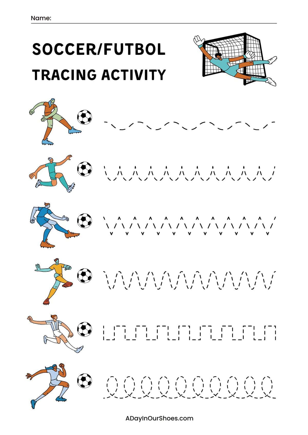 Free soccer tracing worksheet for preschool and kindergarten