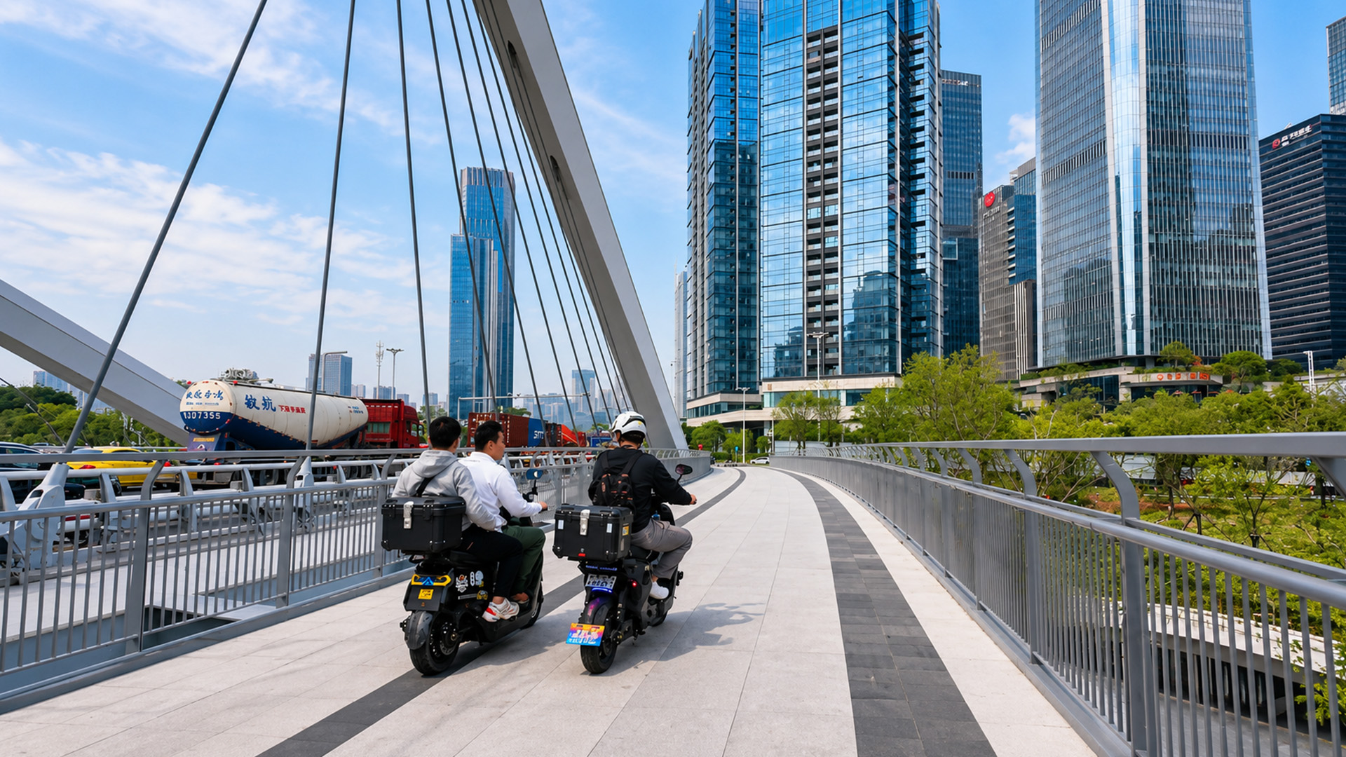 China’s curved skybridge reveals a futuristic route between glass towers
