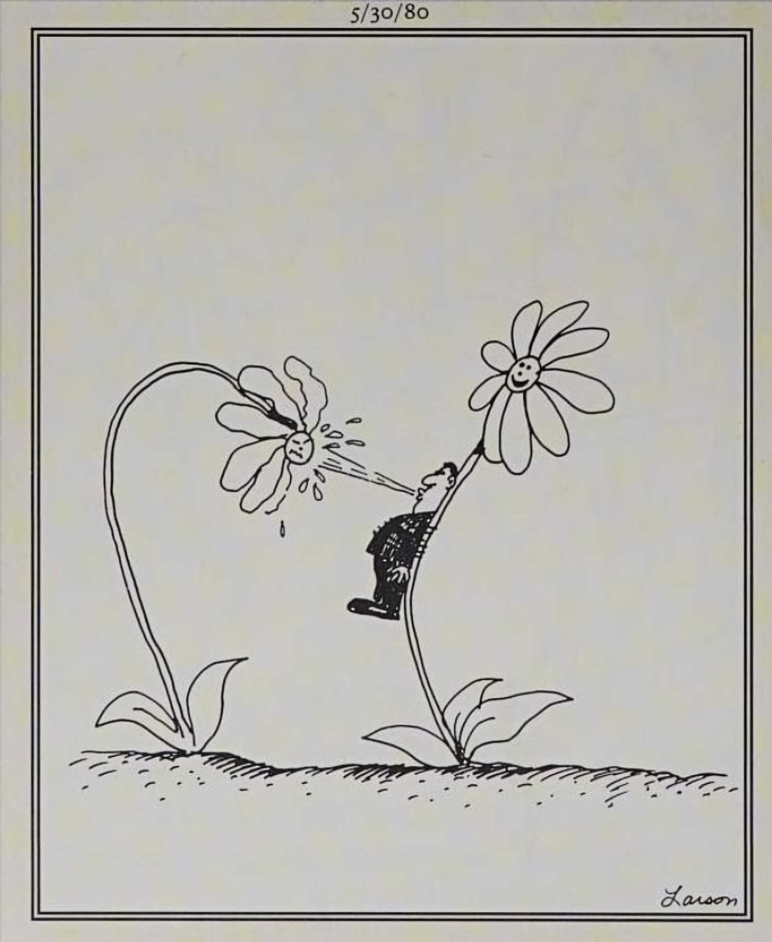 Far Side, May 30, 1980, the inversion of the squirting lapel flower trick
