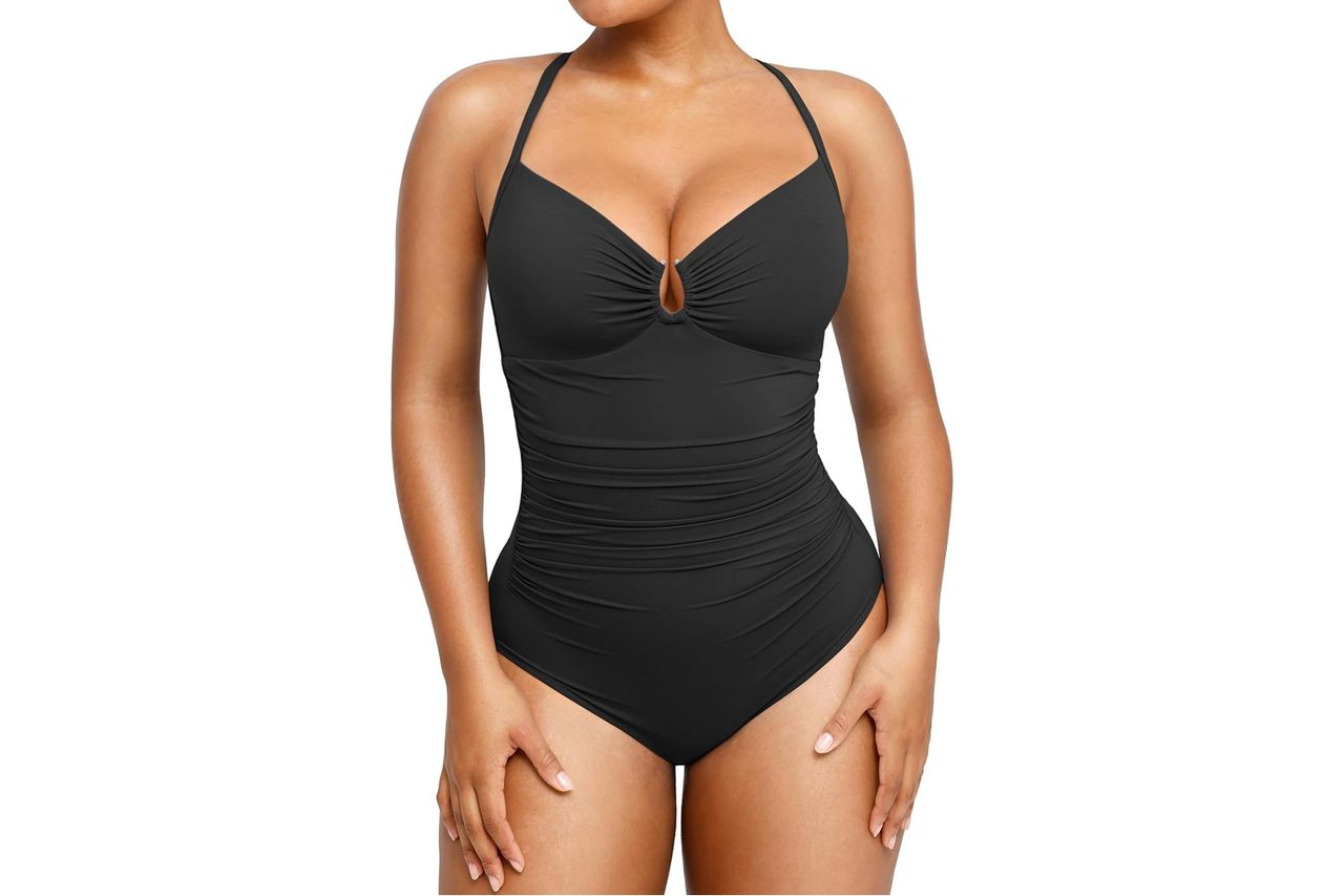 SHAPELLX Womens Swimsuits Tummy Control Bathing Suit Slimming One Piece U-Ring Shapewear Swimwear with Ruched Waist
