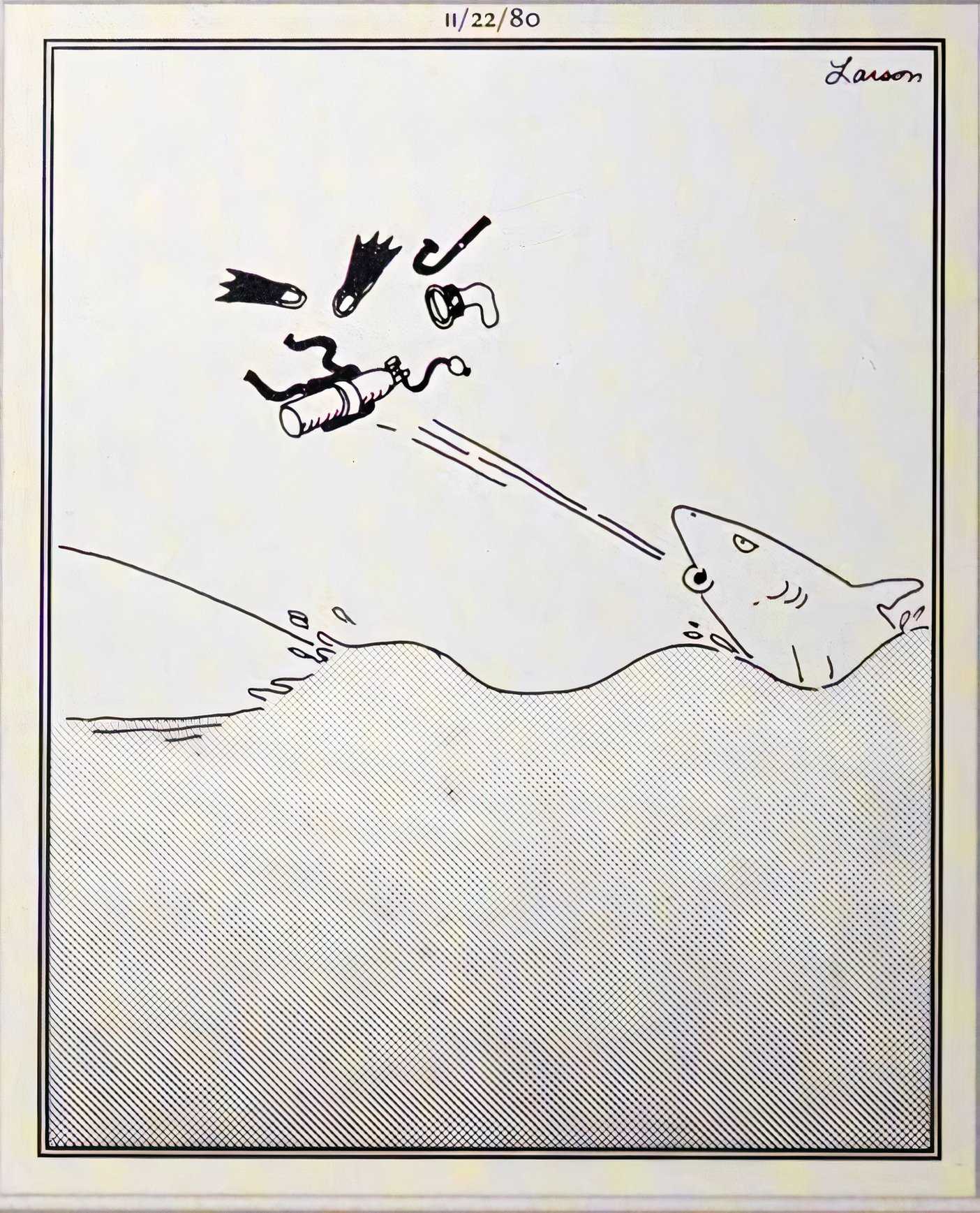 Far Side, angry looking shark spitting out scuba gear.
