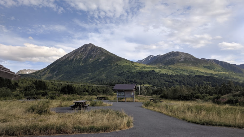 Scenic rest stop near the foothills in Alaska.