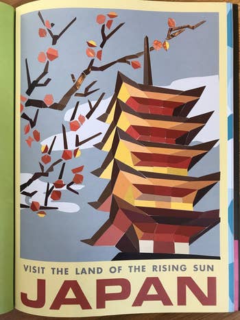 Stylized illustration of a Japanese pagoda with cherry blossoms, promoting tourism with the text: