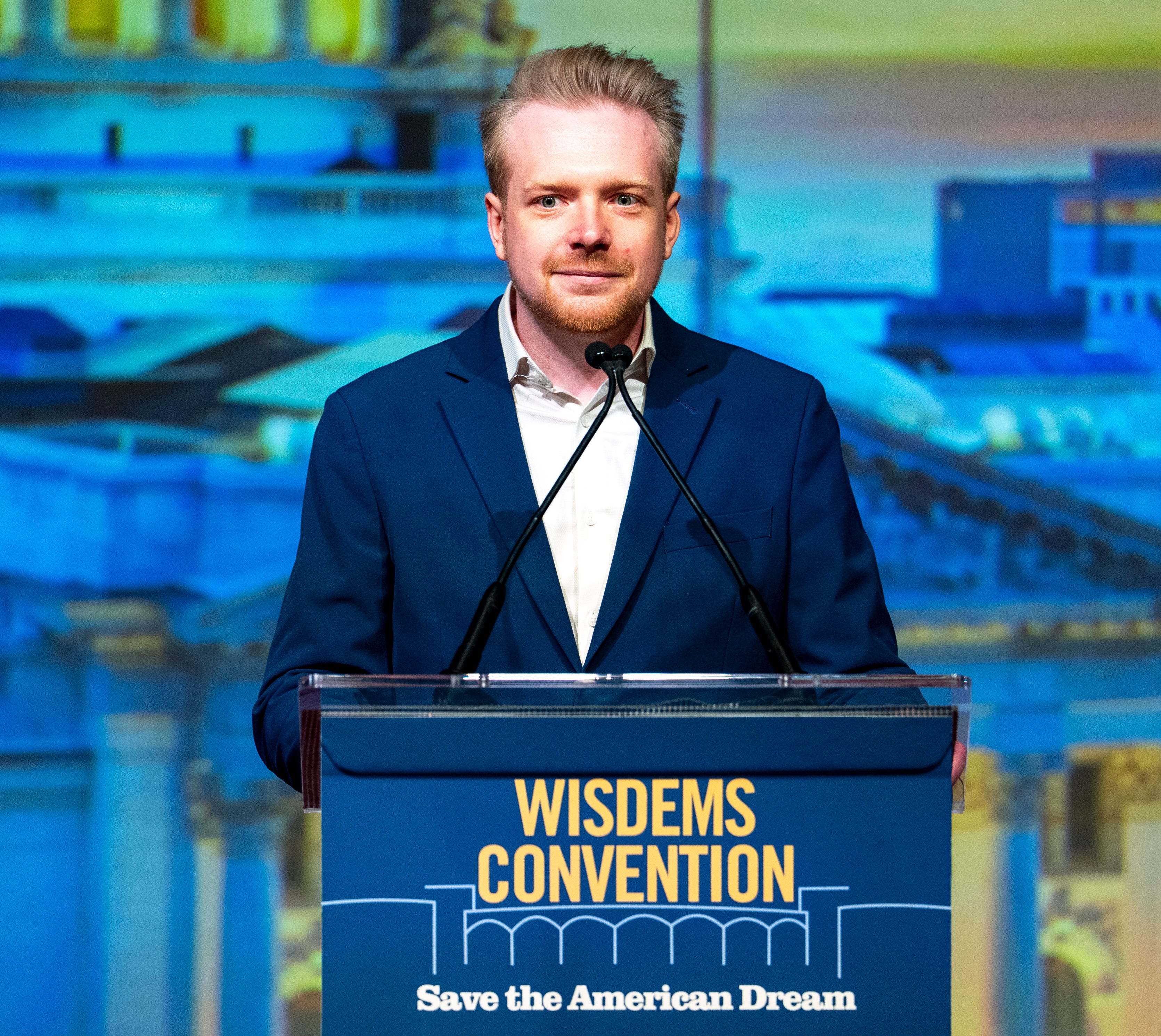 Democratic Party of Wisconsin Chair Devin Remiker makes remarks during the 2026 Wisconsin Democratic Convention at the Monona Terrace Community and Convention Center in Madison, Wisconsin on June 13, 2026.