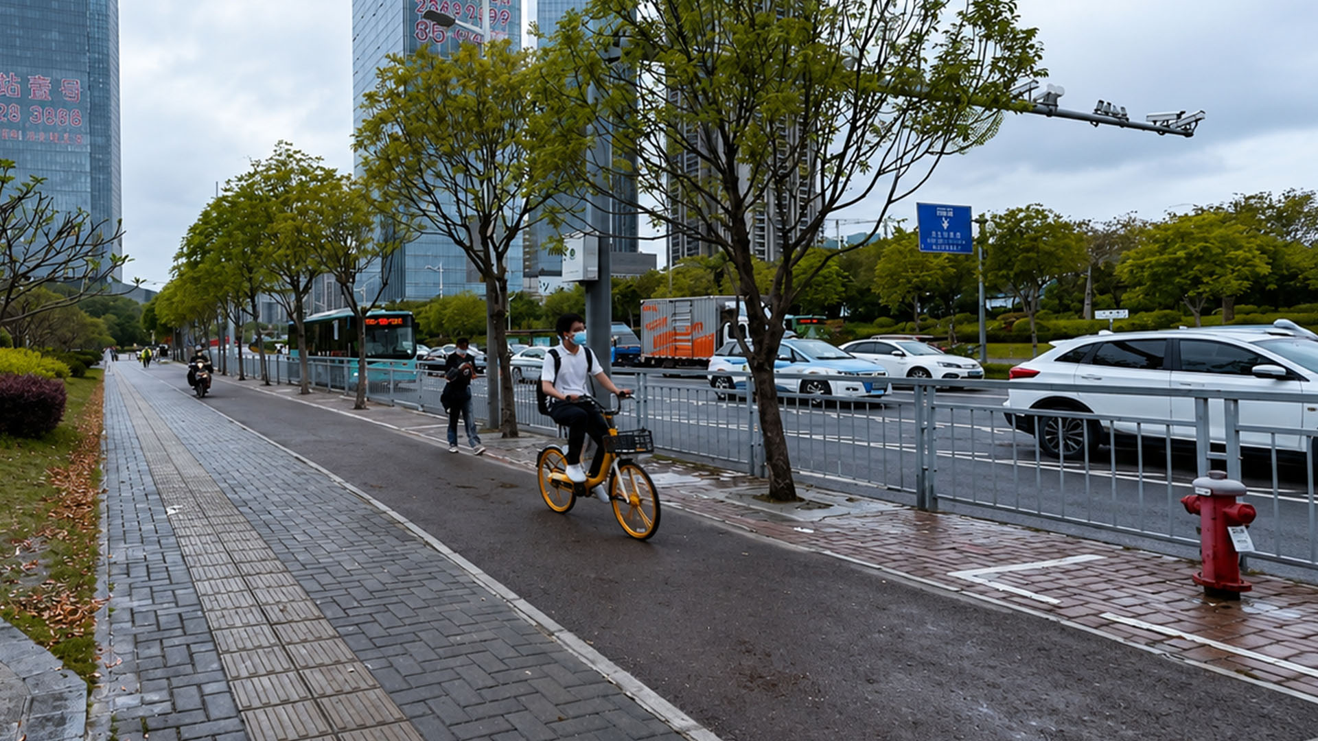 Rain reveals a clean Chinese avenue hidden between glass towers