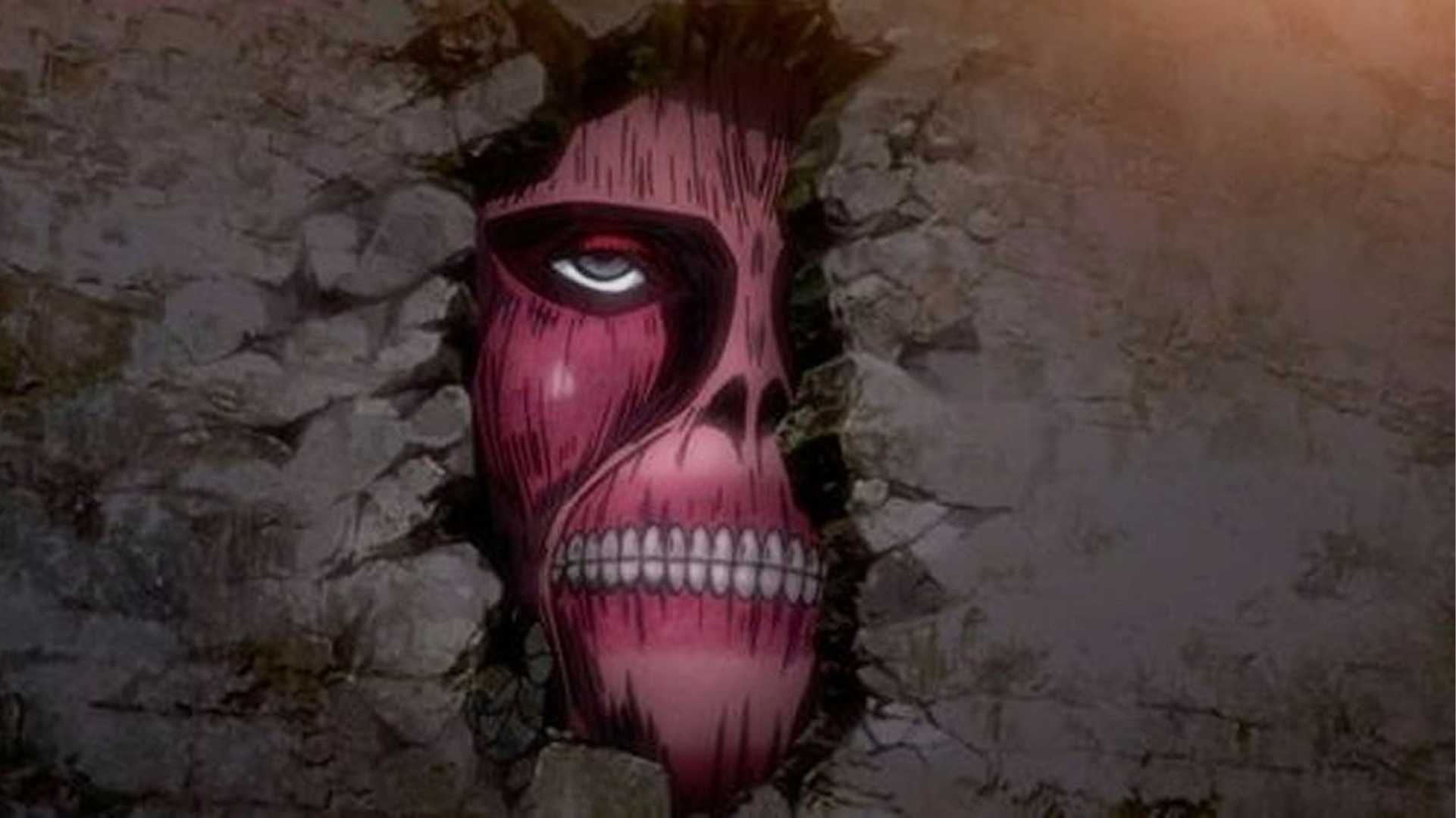 A Colossal Titan peeks through the wall in Attack on Titan anime