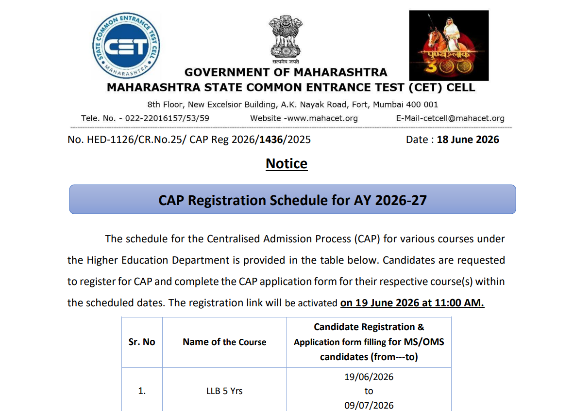 MH CET law 2026: 5-year LLB CAP registration begins at cetcell.mahacet ...