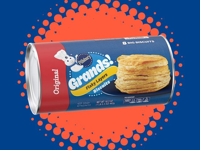 Can of Grands Flaky Layers Biscuits on starburst background