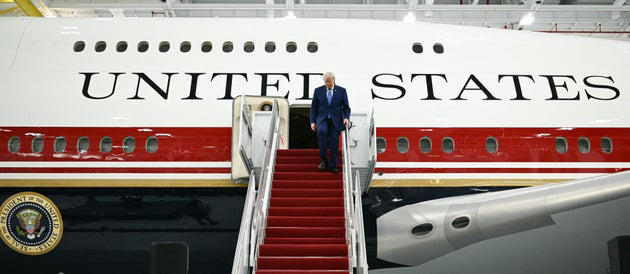 President Donald Trump unveils the new Air Force One, a converted ...