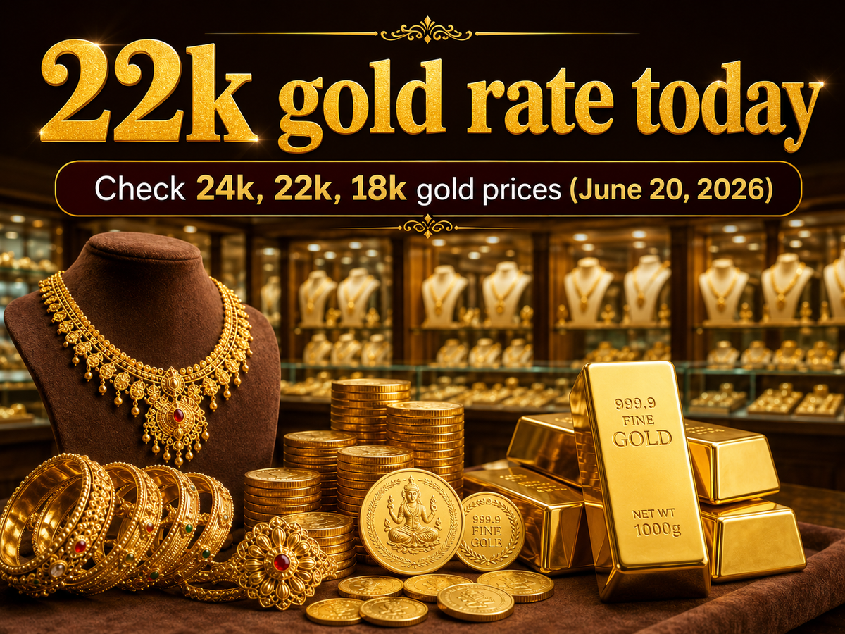 Image for 22k gold rate today: Check 24k, 22k, 18k gold prices (June 20, 2026) at Tanishq, Joyalukkas, Kalyan Jewellers, Malabar Gold & Diamonds and IBJA