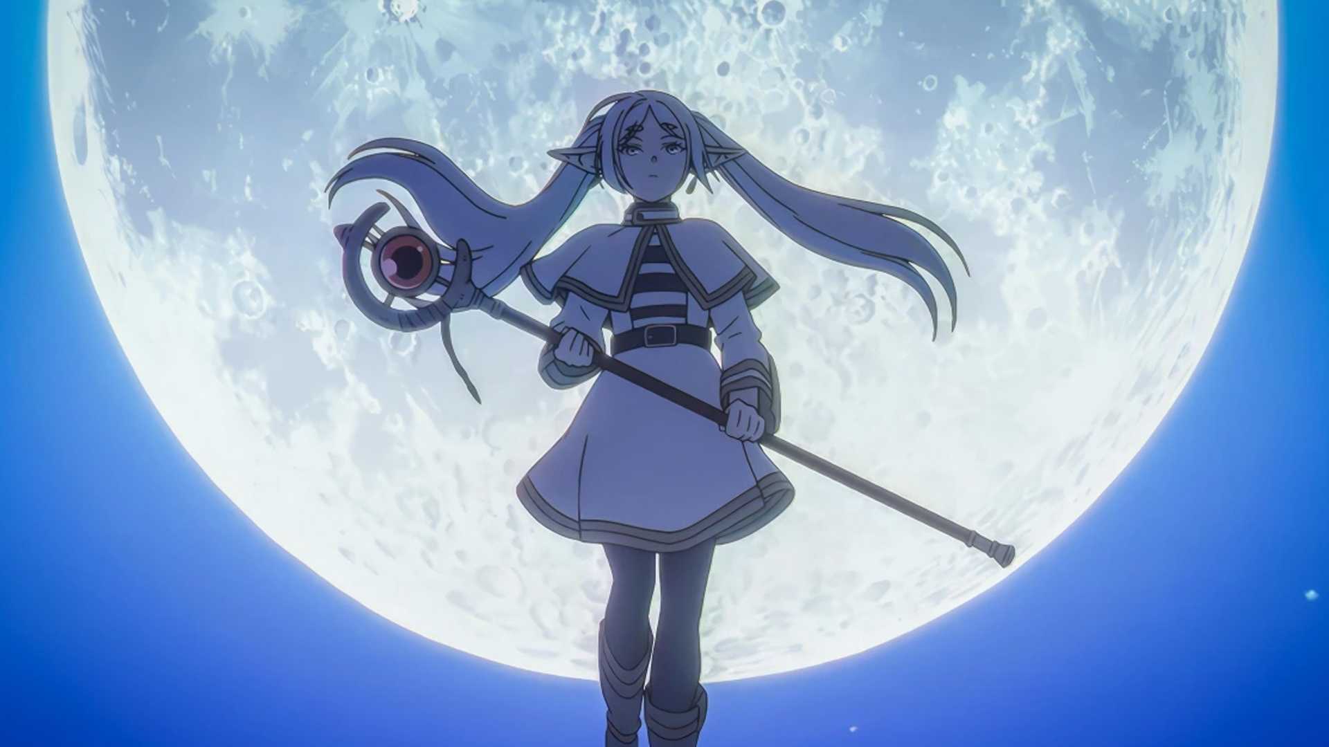 Frieren standing in front of a full moon with her staff