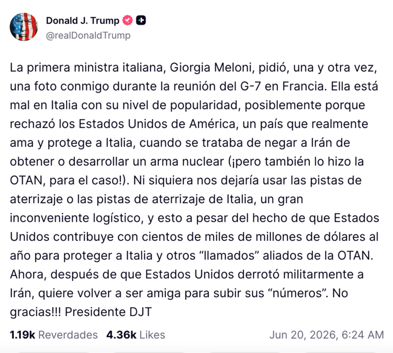 Donald Trump rompe con Giorgia Meloni y afirma que ya no existe amistad entre ambos