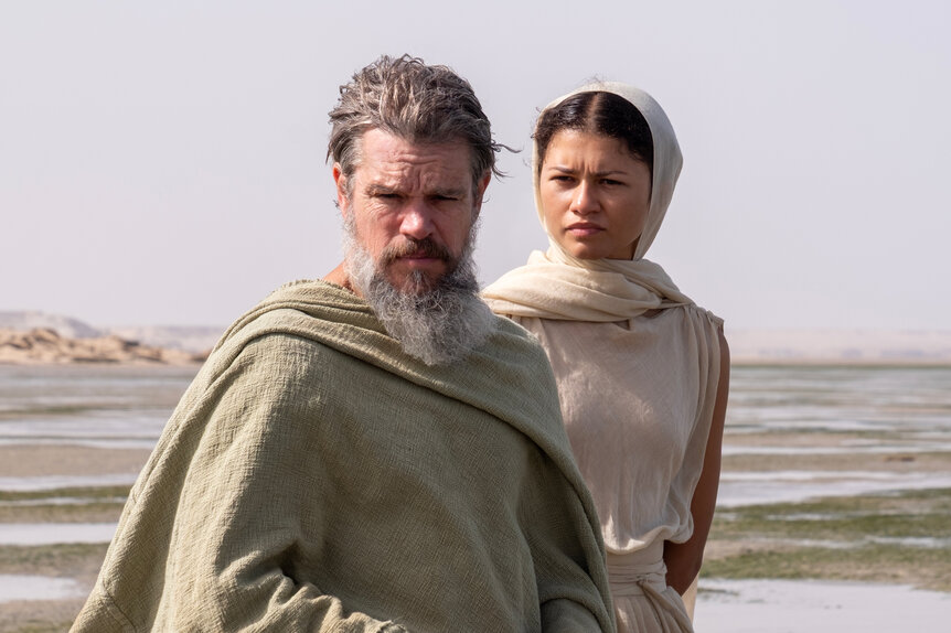 Matt Damon is Odysseus and Zendaya as Athena in The Odyssey (2026).
