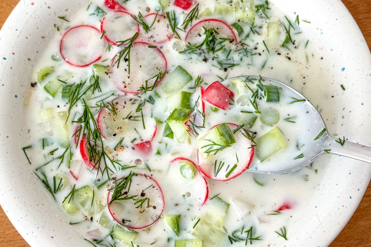 A bowl of buttermilk soup with sliced radishes cucumbers and fresh dill