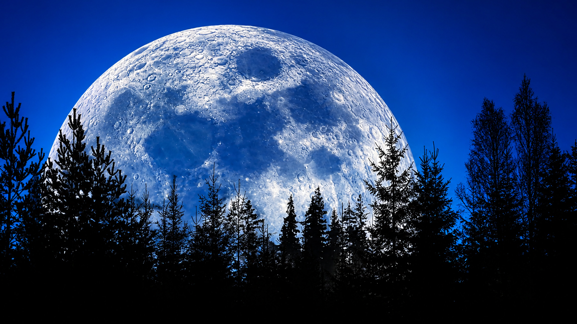 The giant moon rising above the forest