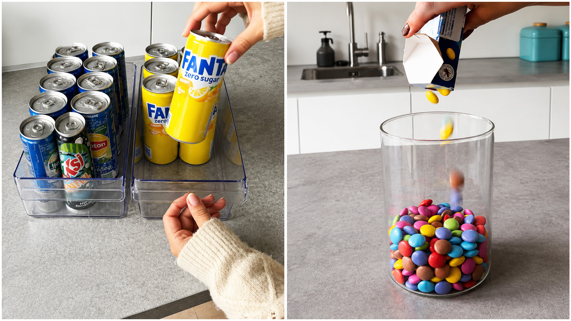 Pantry restock with colorful drinks and candy organization