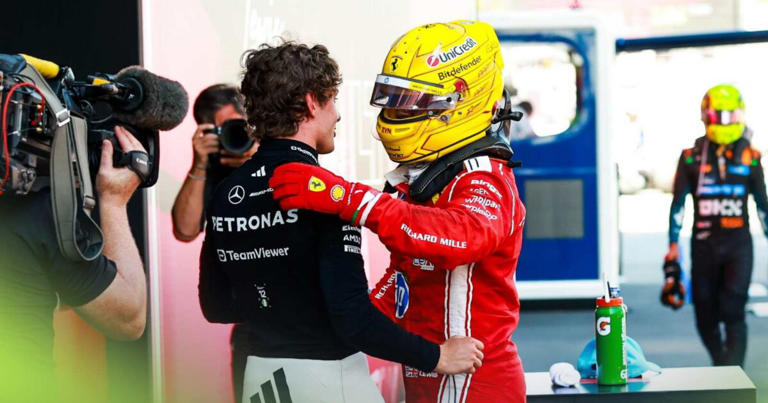 Lewis Hamilton and Kimi Antonelli embrace after the Barcelona-Catalunya GP.
